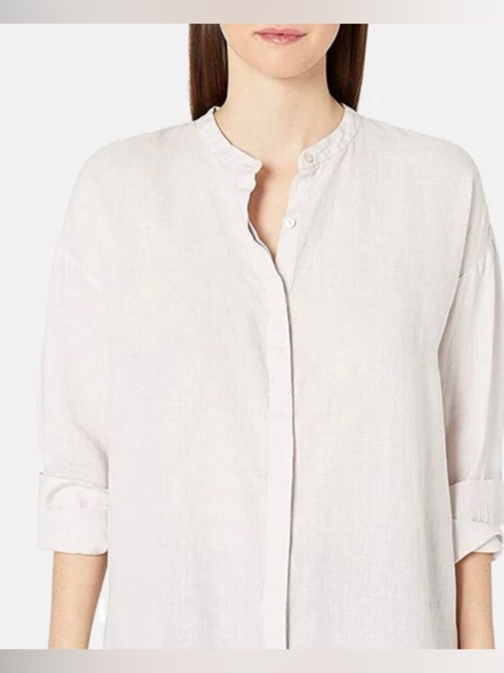Eileen Fisher Pale Pink Linen Band Collar Tunic Shirt Oversized Button Down M